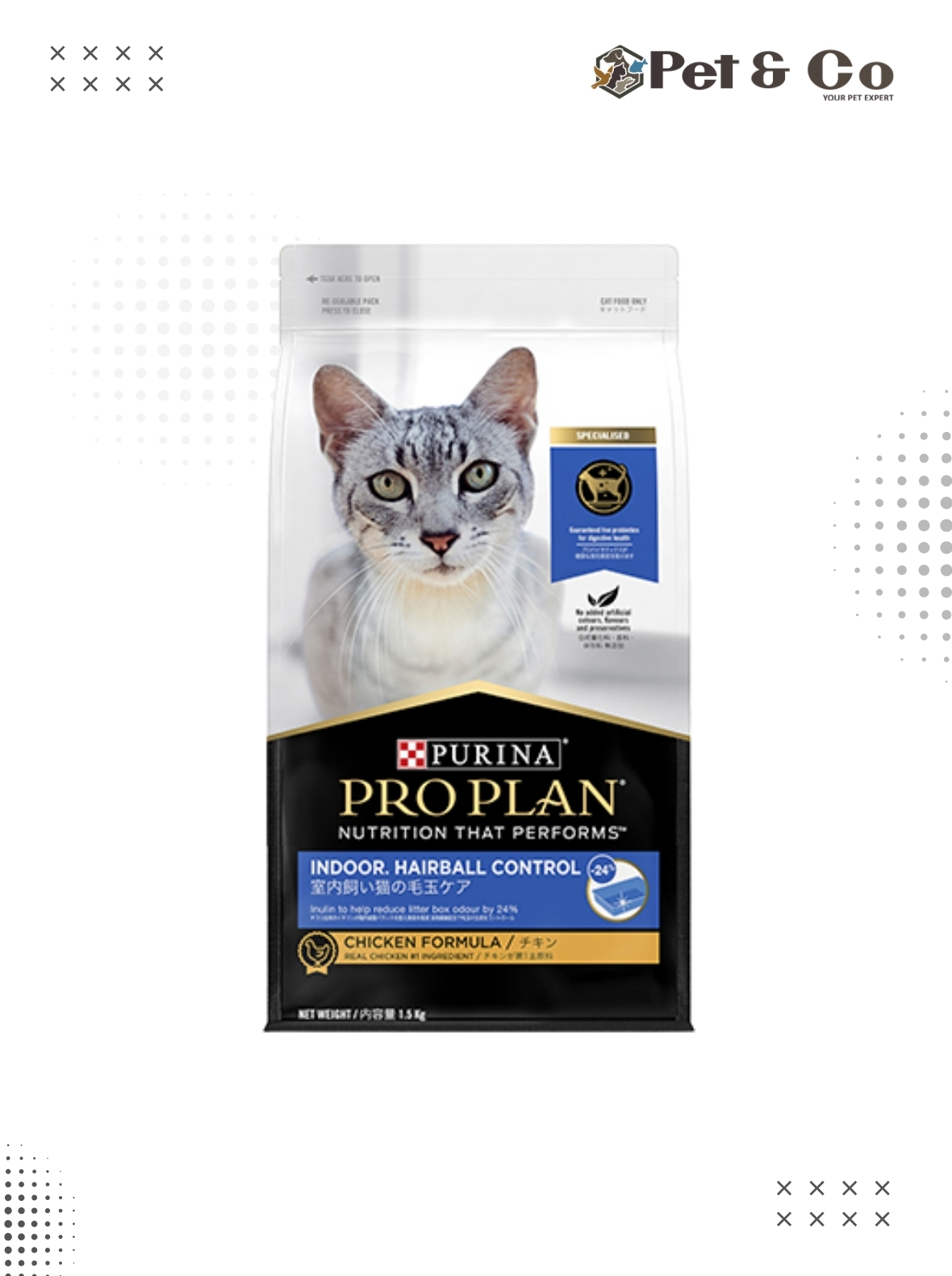 PRO PLAN Adult Dry Cat Food Indoor Hairball Control Chicken 1.5kg